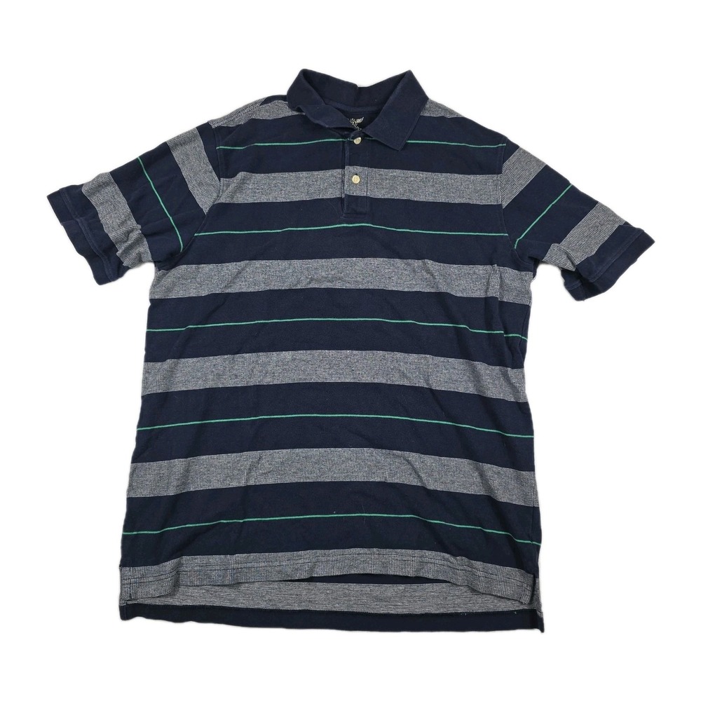Faded Glory Mens Large Navy Blue Gray Green Striped 100% Cotton Polo Shirt